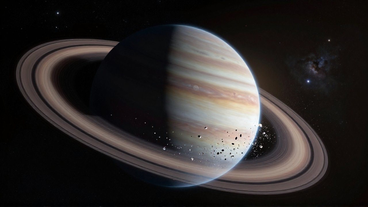 Un gigante gaseoso con anillos brillantes mientras una luna de hielo se fragmenta por fuerzas gravitatorias.