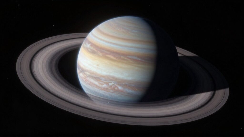 Gigantesco planeta gaseoso con brillantes anillos de hielo flotando en la inmensidad del espacio profundo.