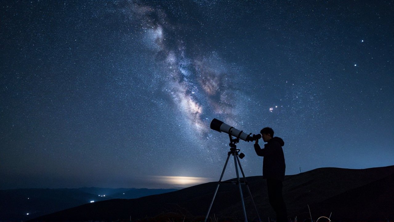Un joven astrónomo observa el cielo estrellado y la Vía Láctea a través de un telescopio profesional.