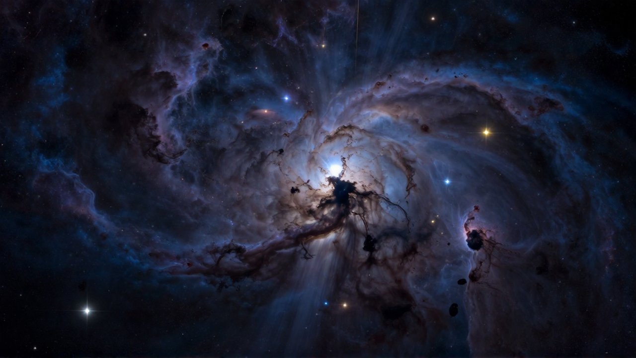 Nubes de polvo cósmico y nebulosas oscuras con rayos de luz estrellada entre partículas espaciales.