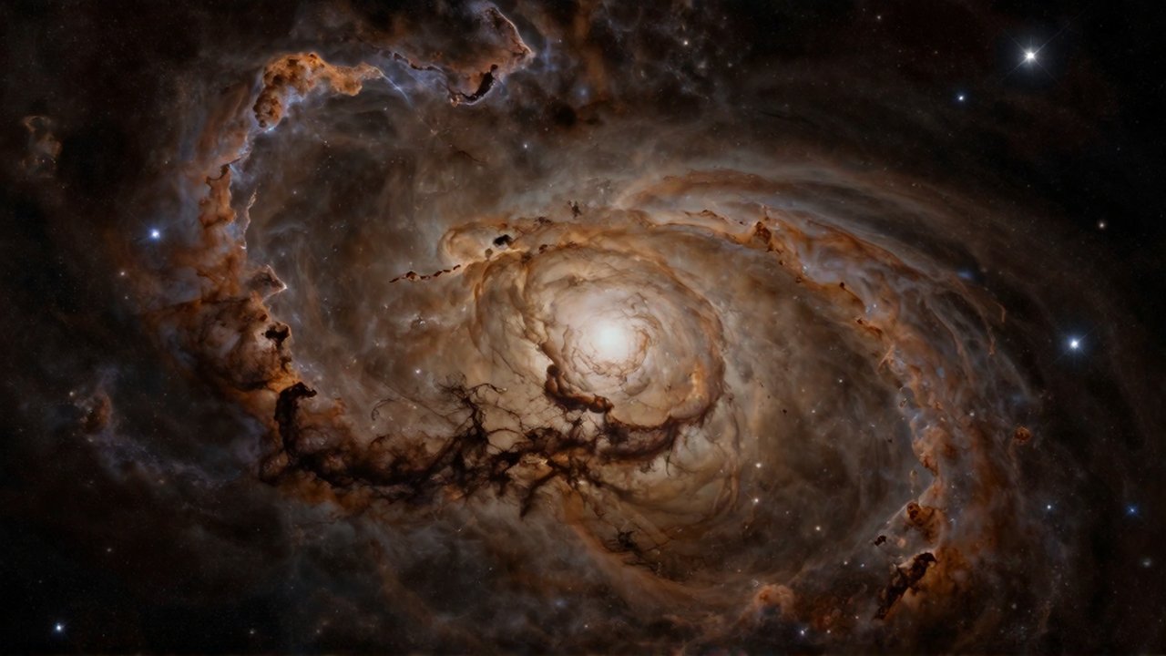 Cúmulo de estrellas brillantes parcialmente oculto tras una densa nube de polvo cósmico en ámbar y carbón.
