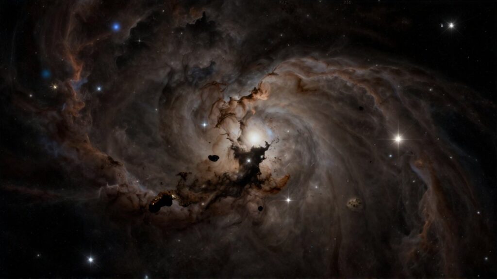 Nubes densas de polvo cósmico y nebulosas oscuras que cubren parcialmente cúmulos de estrellas brillantes.