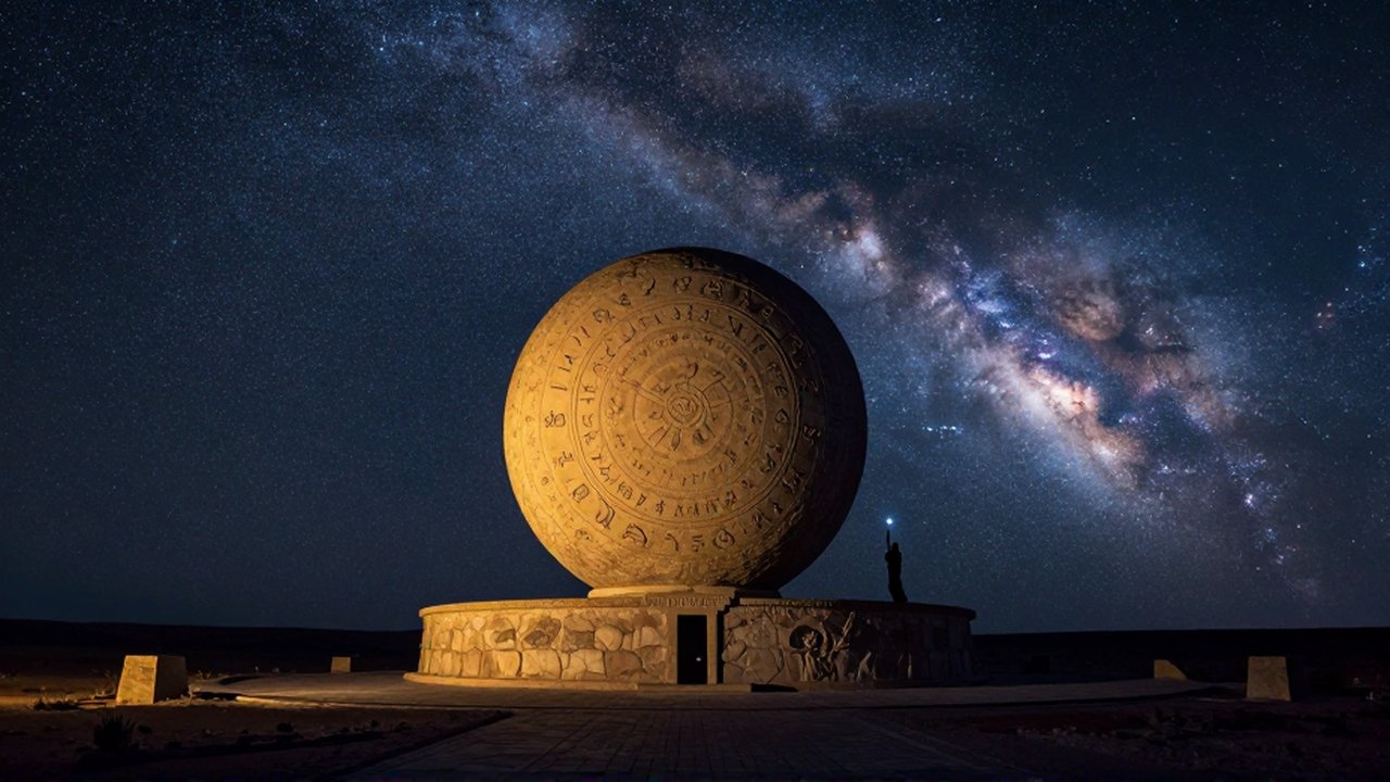 Silueta de un astrónomo contemplando la Vía Láctea junto a una esfera celeste de piedra.
