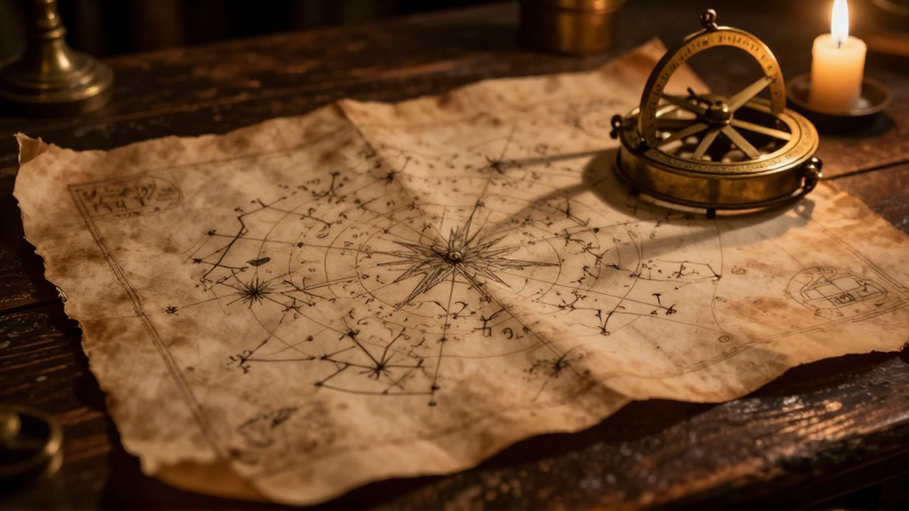 Mapa estelar antiguo de pergamino con un astrolabio de latón sobre una mesa de madera.