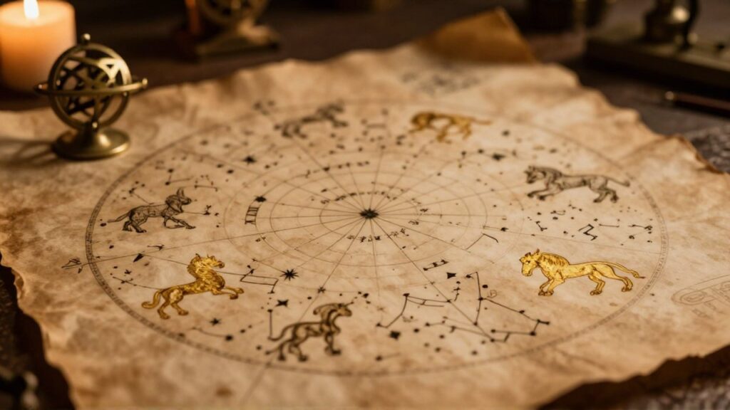 Mapa celestial antiguo en pergamino con constelaciones doradas y un astrolabio de latón sobre una mesa.