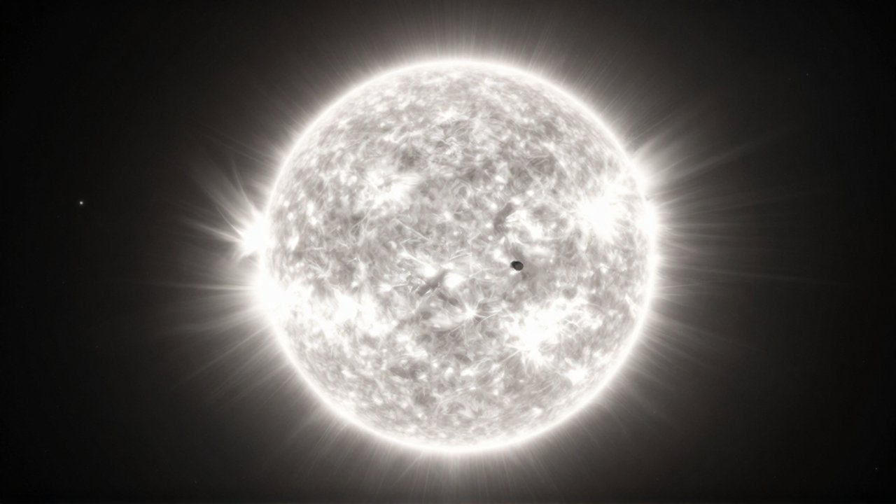 Un pequeño planeta orbita muy cerca de la superficie de una estrella gigante y brillante.