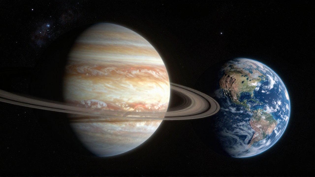 Un gigante gaseoso con anillos junto a un pequeño planeta rocoso en el espacio profundo.