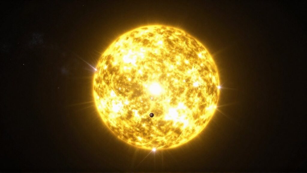 Estrella amarilla gigante de brillo intenso con un pequeño planeta oscuro en la periferia del espacio.
