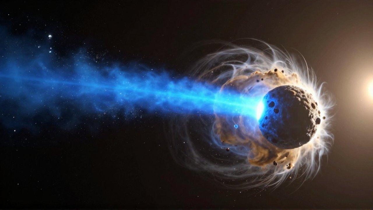 Núcleo de un cometa con una extensa cola azul y polvo brillante cruzando el espacio profundo.