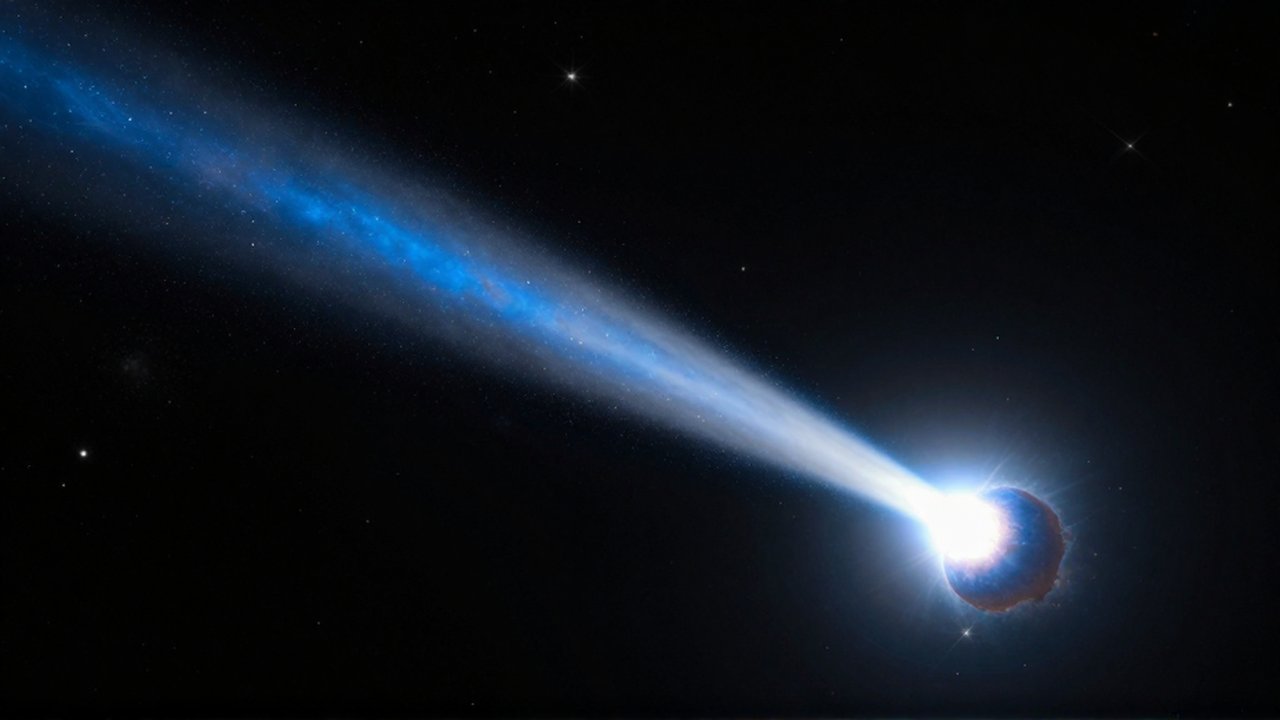 Cometa luminoso con dos colas, una azulada y otra blanca, atravesando un fondo estrellado.