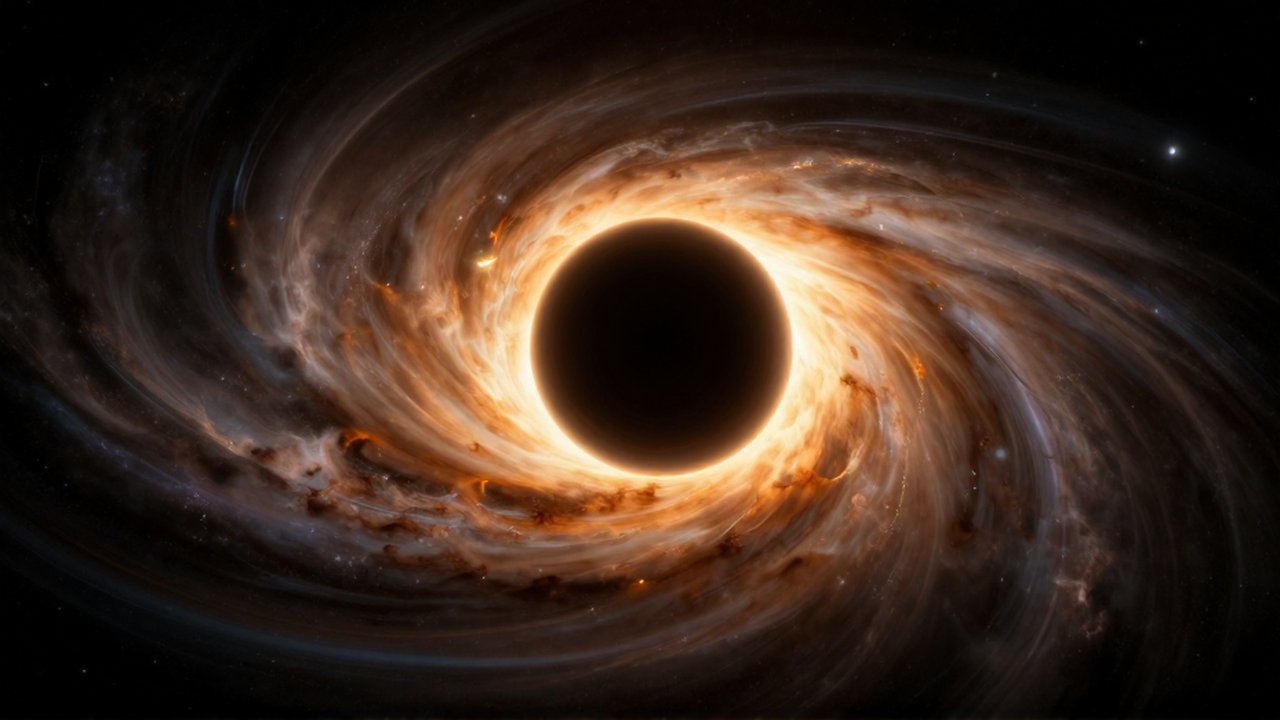 Agujero negro supermasivo rodeado por un brillante disco de plasma naranja y destellos estelares.