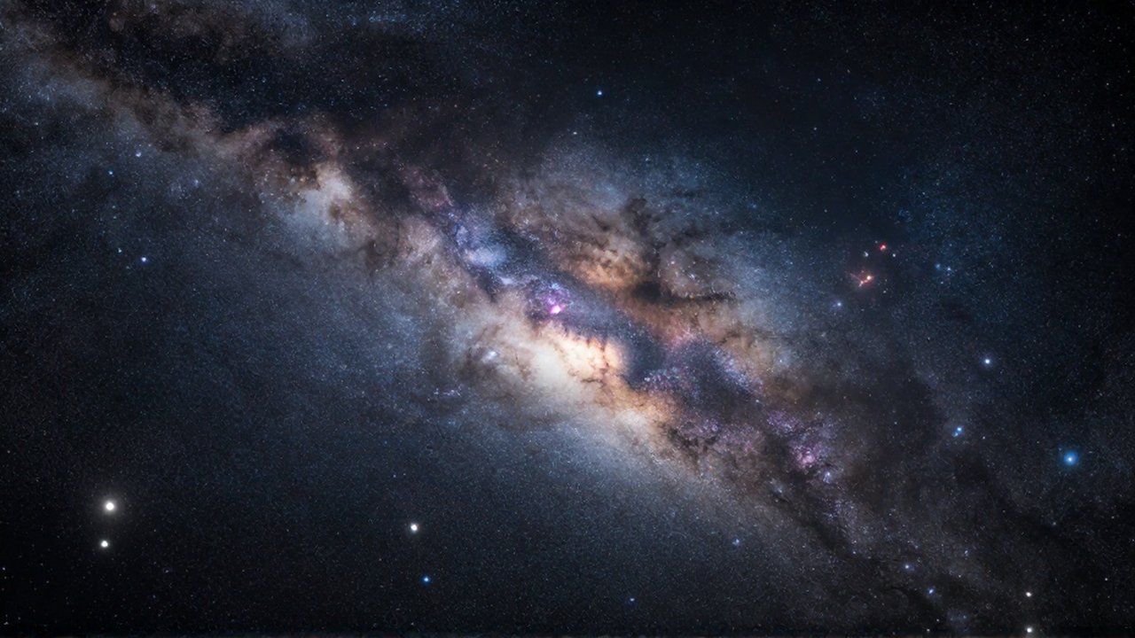 Vista cinematográfica de la galaxia Vía Láctea con sus brazos espirales de polvo estelar y nebulosas azules.