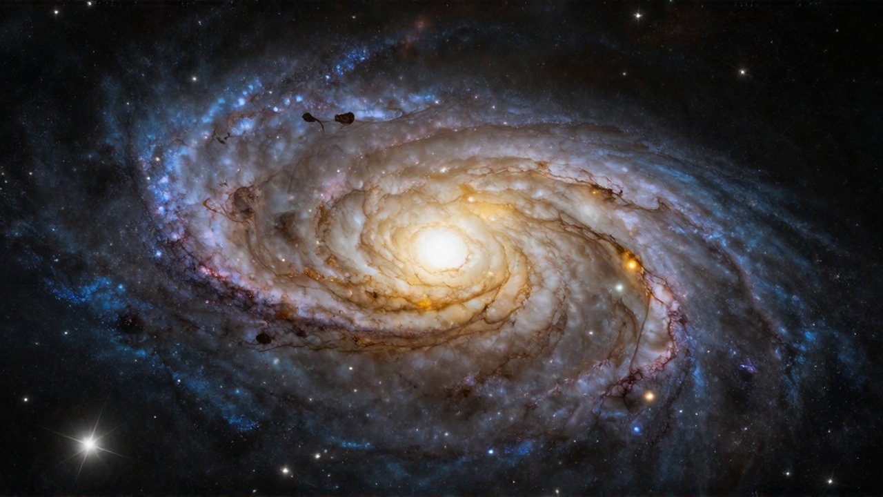 Gran galaxia espiral con brazos brillantes de estrellas y un núcleo luminoso sobre el espacio profundo.