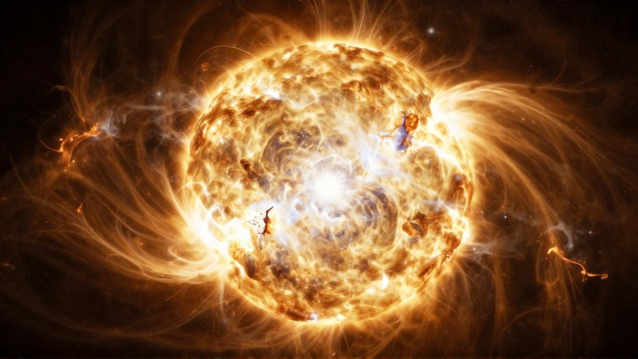 Núcleo estelar masivo con plasma incandescente y llamaradas solares en una violenta reacción de fusión nuclear.