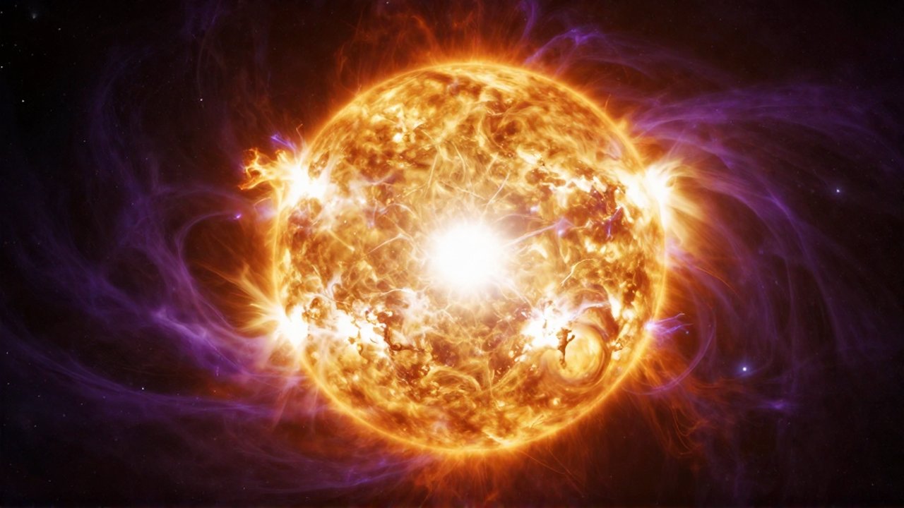 Estrella gigante con intensas llamaradas solares en el centro de una nebulosa de colores vibrantes.