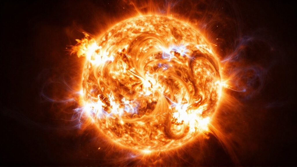 Núcleo de una estrella masiva con plasma incandescente y erupciones de luz sobre el espacio profundo.