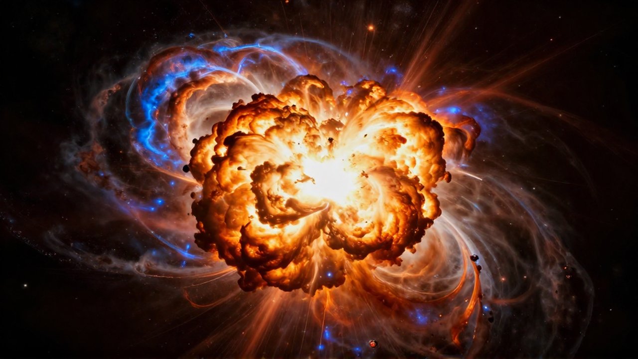 Explosión de una supernova con ondas de plasma brillante y nubes de polvo en el espacio profundo.