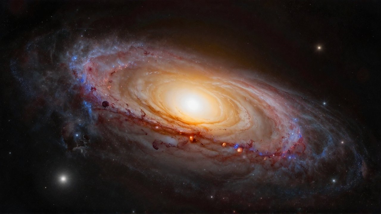 Gran galaxia elíptica con un núcleo dorado brillante rodeado de estrellas rojizas en el vacío espacial.