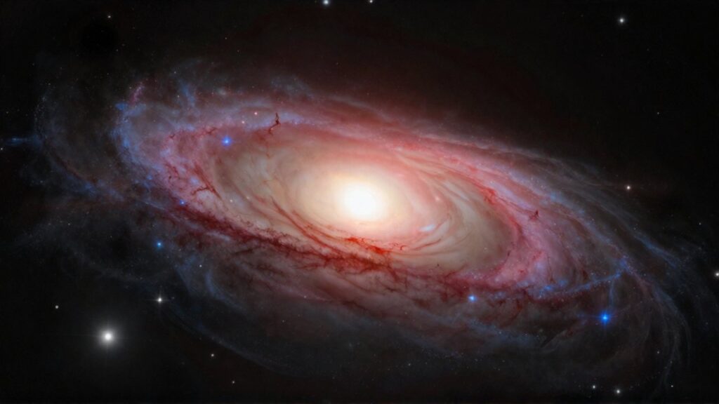 Gran galaxia elíptica con un núcleo brillante de estrellas amarillentas sobre el fondo oscuro del espacio.