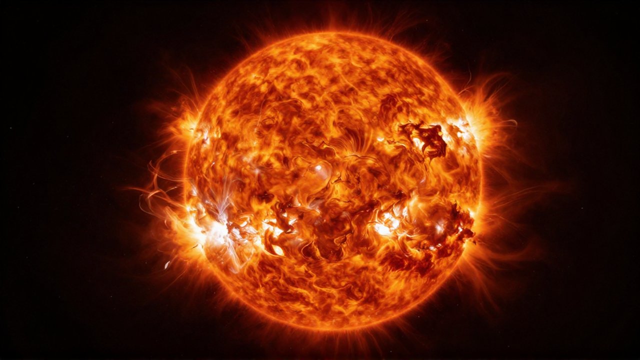 Enorme estrella gigante roja con llamaradas solares sobre un fondo de espacio profundo.