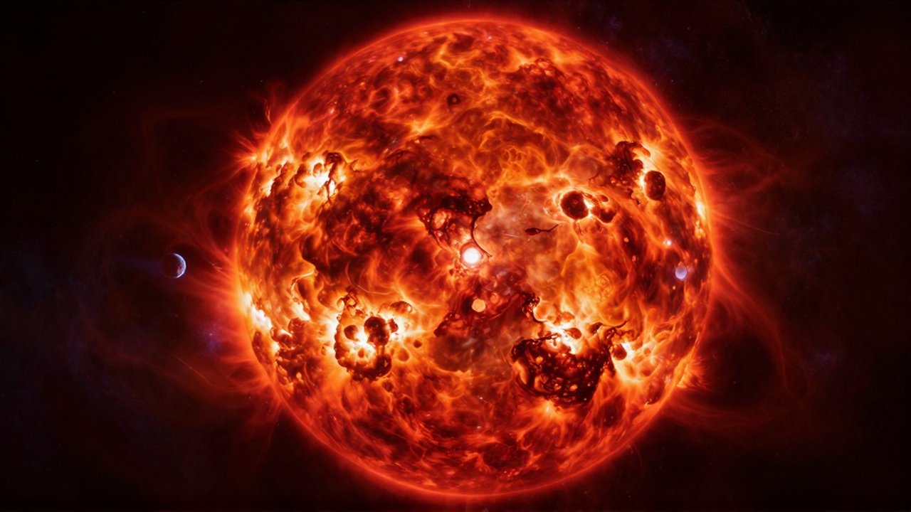 Colosal estrella gigante roja con plasma turbulento brillando junto a un pequeño planeta distante.