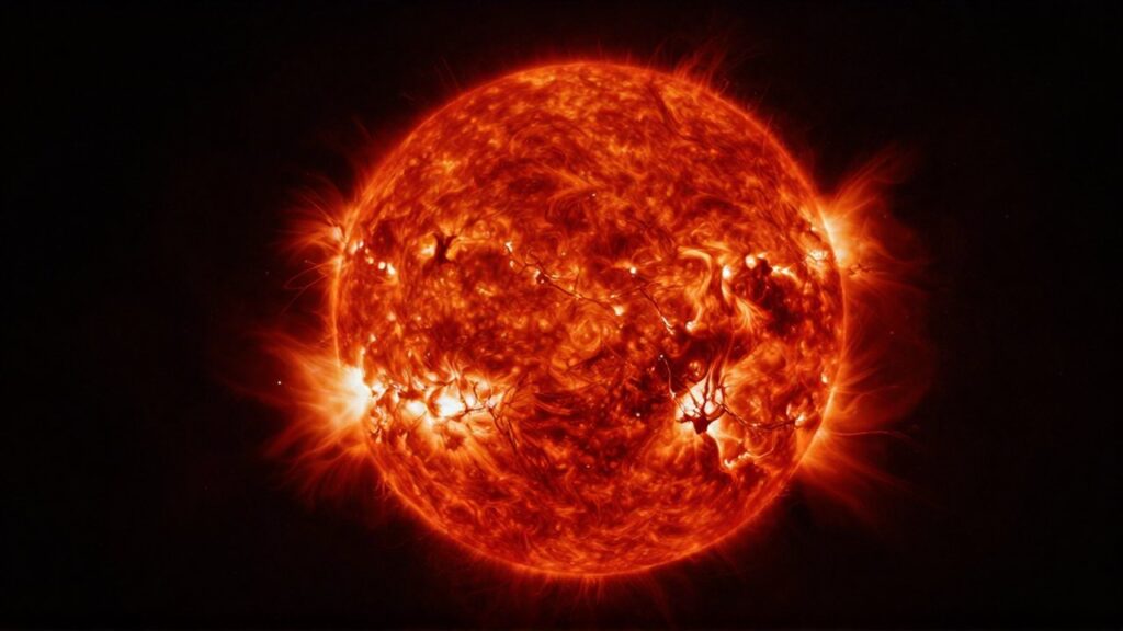 Primer plano de una gigantesca estrella roja con superficie burbujeante y llamaradas sobre el espacio oscuro.