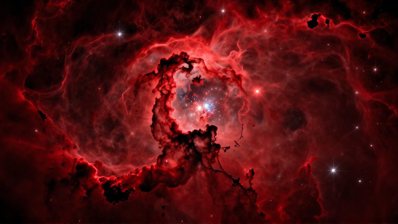 Vasta nebulosa de gas hidrógeno con intensos tonos carmesí y cúmulos de estrellas brillantes.