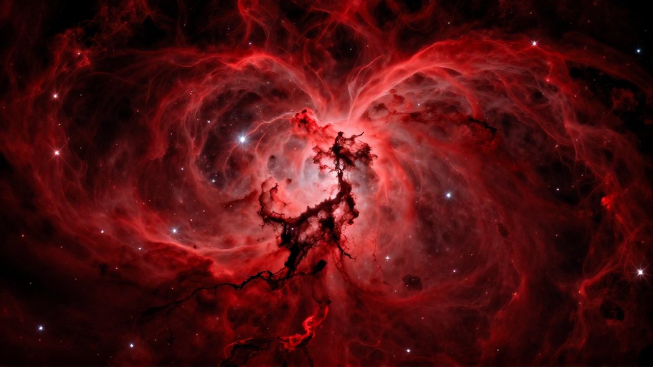 Vasta nebulosa de gas hidrógeno en tonos carmesí con filamentos de polvo y estrellas brillantes.
