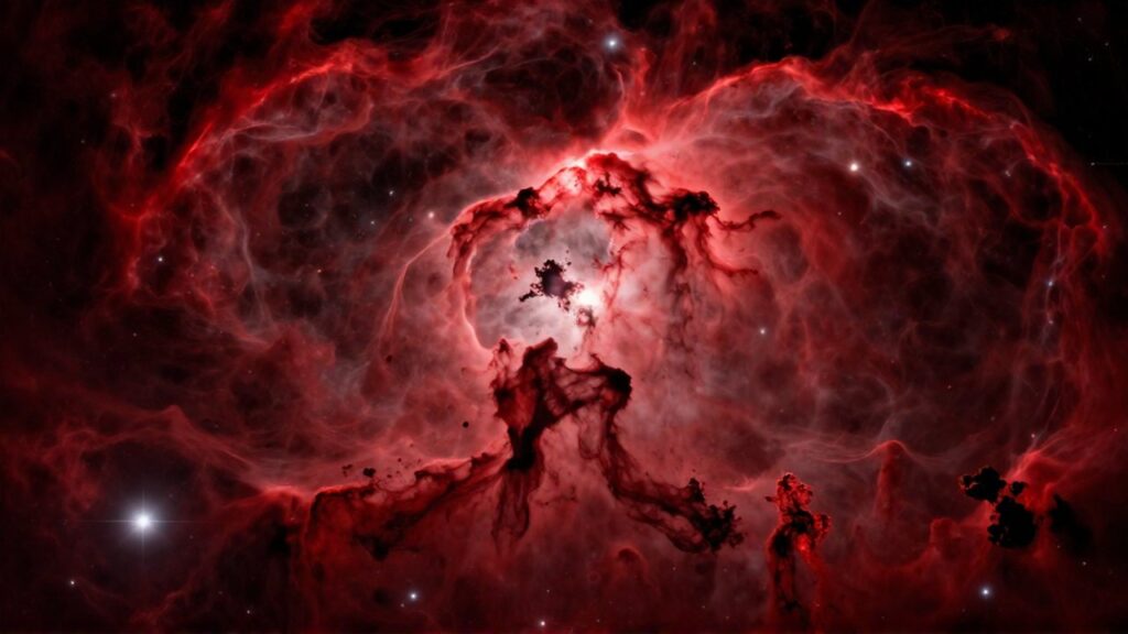 Vastas nubes de gas hidrógeno brillando en tonos rojos intensos entre estrellas y polvo cósmico.