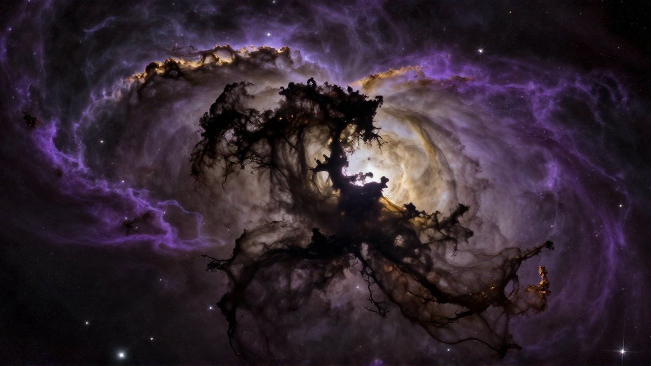 Silueta de una nebulosa oscura rodeada de nubes cósmicas en tonos violeta y dorado.