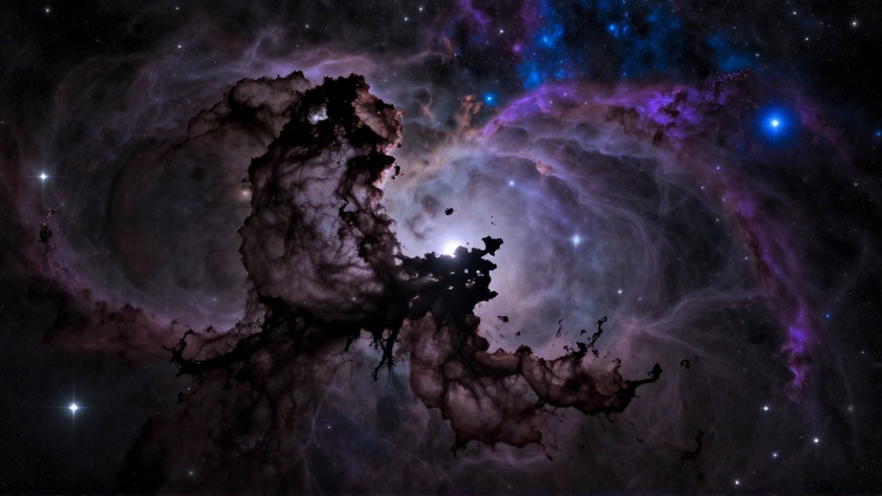 Vastas nubes de polvo oscuro y siluetas de materia interestelar sobre una nebulosa violeta brillante.
