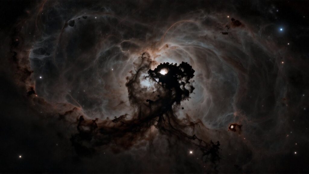 Silueta de una vasta nebulosa oscura con cúmulos de estrellas distantes entre nubes de polvo cósmico.