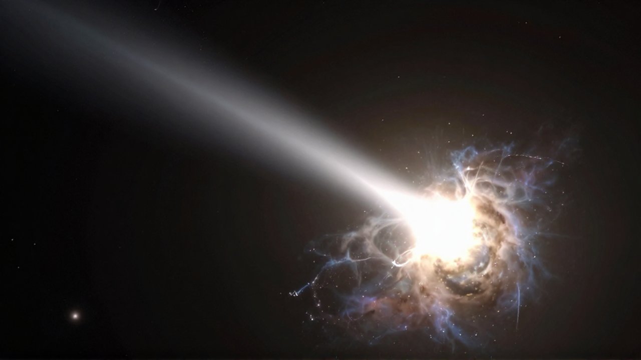 Cometa brillante con dos colas extendiéndose a través de un fondo de nebulosas y estrellas.