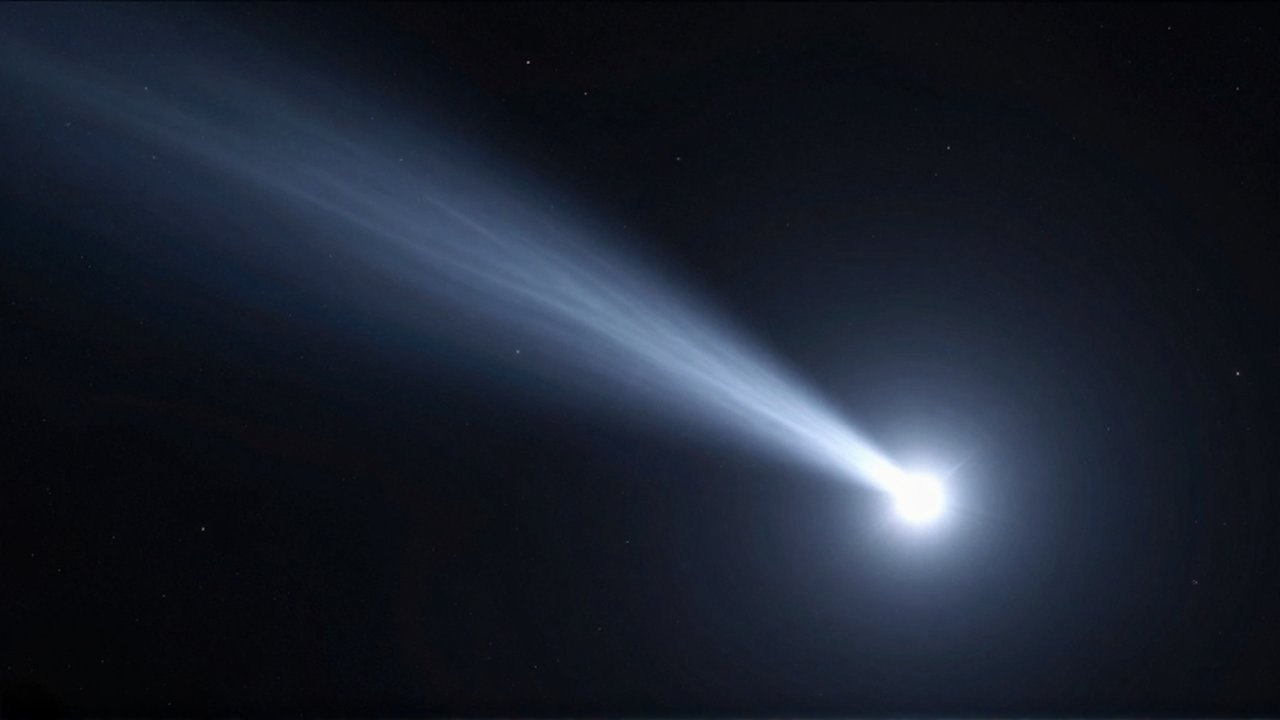 Cometa brillante con una larga cola de gas atravesando el espacio profundo entre estrellas distantes.