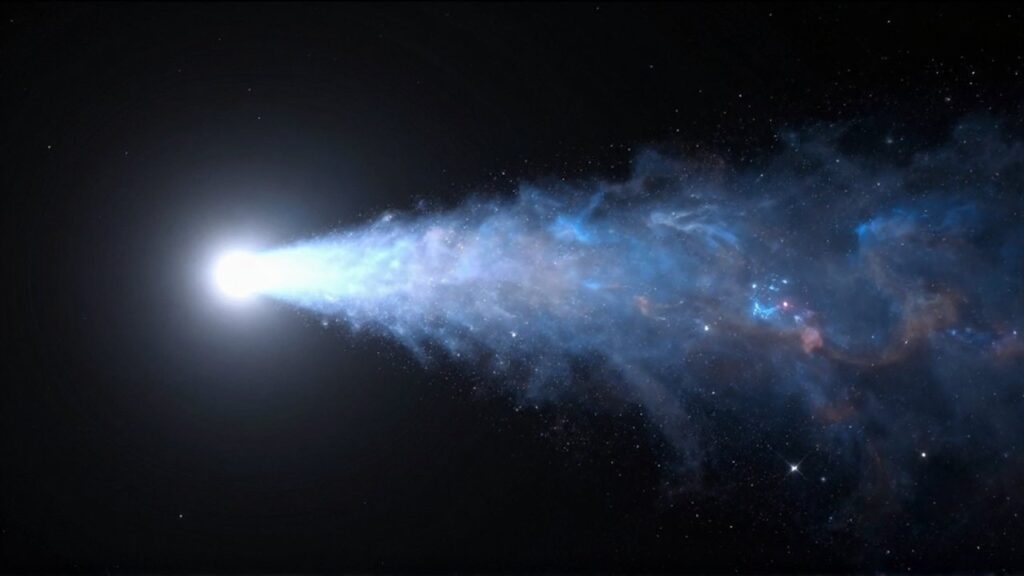 Cometa brillante con una larga cola de partículas y gas surcando el espacio profundo entre estrellas.
