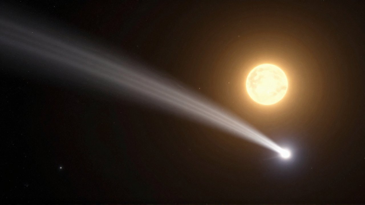 Cometa brillante con una larga cola de luz atravesando el espacio profundo hacia un sol distante.