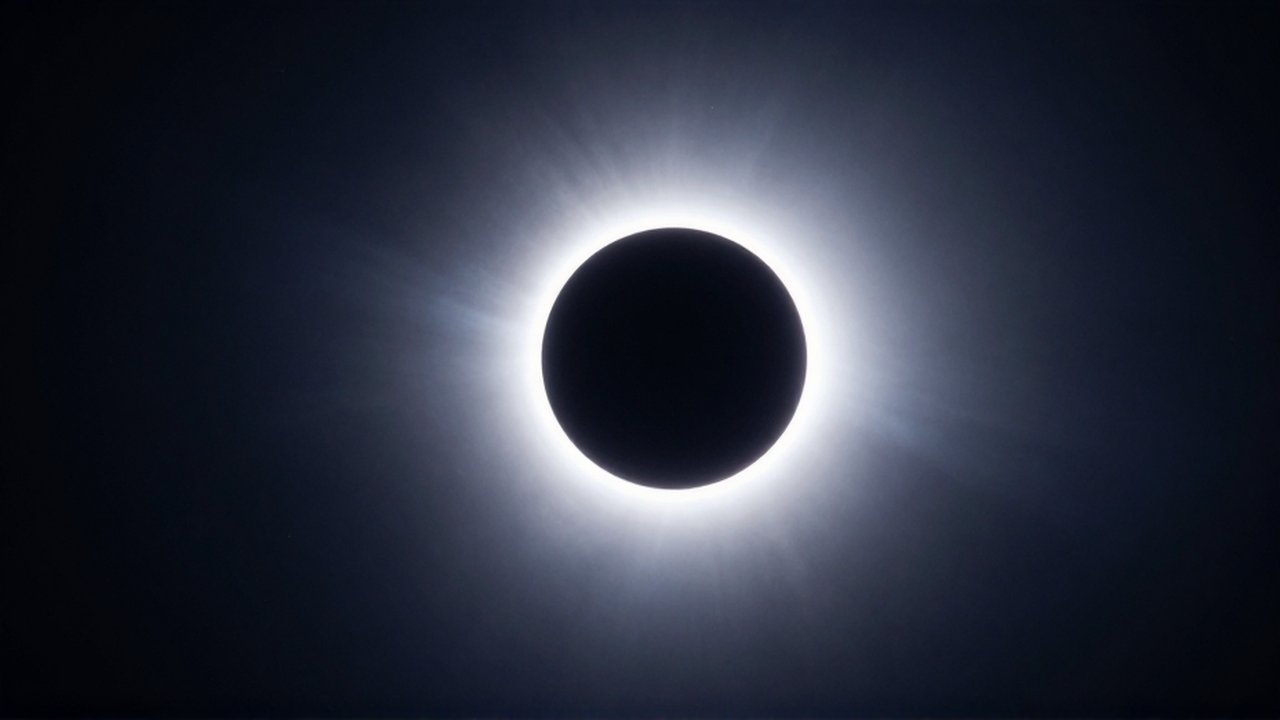 Eclipse solar total con la silueta de la Luna sobre el Sol y una brillante corona radiante.