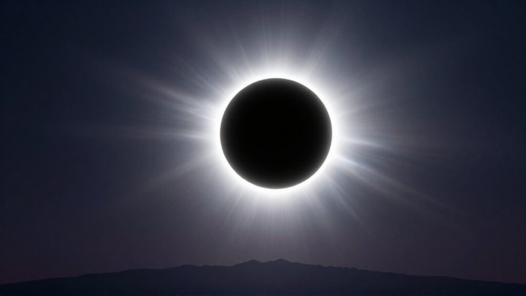 Eclipse solar total con la corona brillante sobre la silueta de una cordillera montañosa.