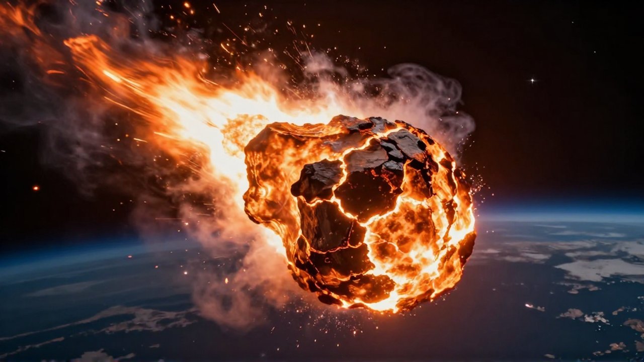 Fragmento de meteorito incandescente descendiendo a gran velocidad por la atmósfera nocturna con estela de chispas.