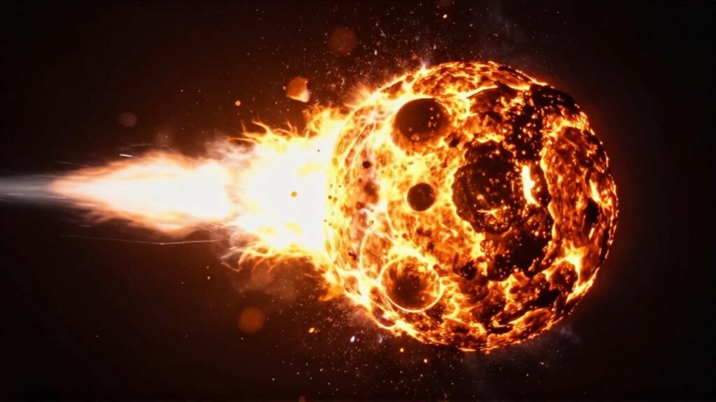 Gran meteorito incandescente fragmentándose mientras atraviesa la atmósfera nocturna con estelas de fuego y chispas.