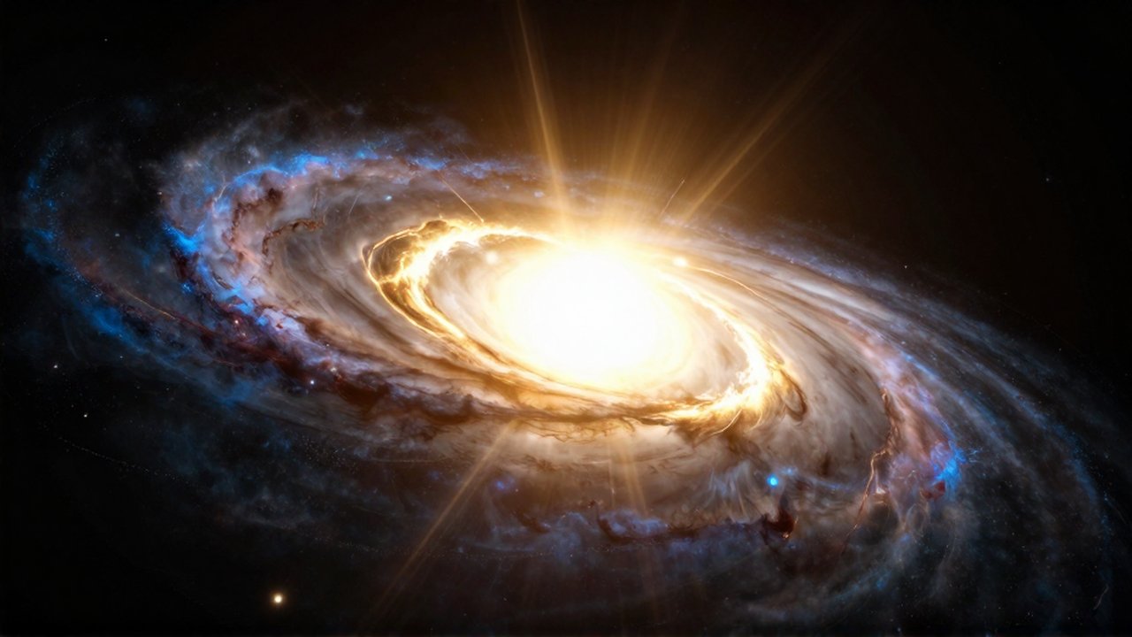 Agujero negro supermasivo con un disco de acreción brillante en tonos dorados y azules en el espacio.