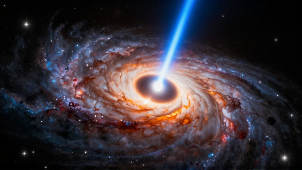 Agujero negro supermasivo con un disco de plasma brillante y potentes chorros de luz azul.