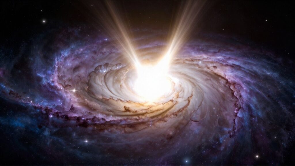 Agujero negro supermasivo con un disco de gas resplandeciente y chorros de radiación en una galaxia.