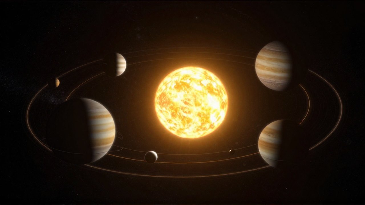 Planetas de diversos tamaños orbitando alrededor de un sol brillante con sus trayectorias luminosas en el espacio.