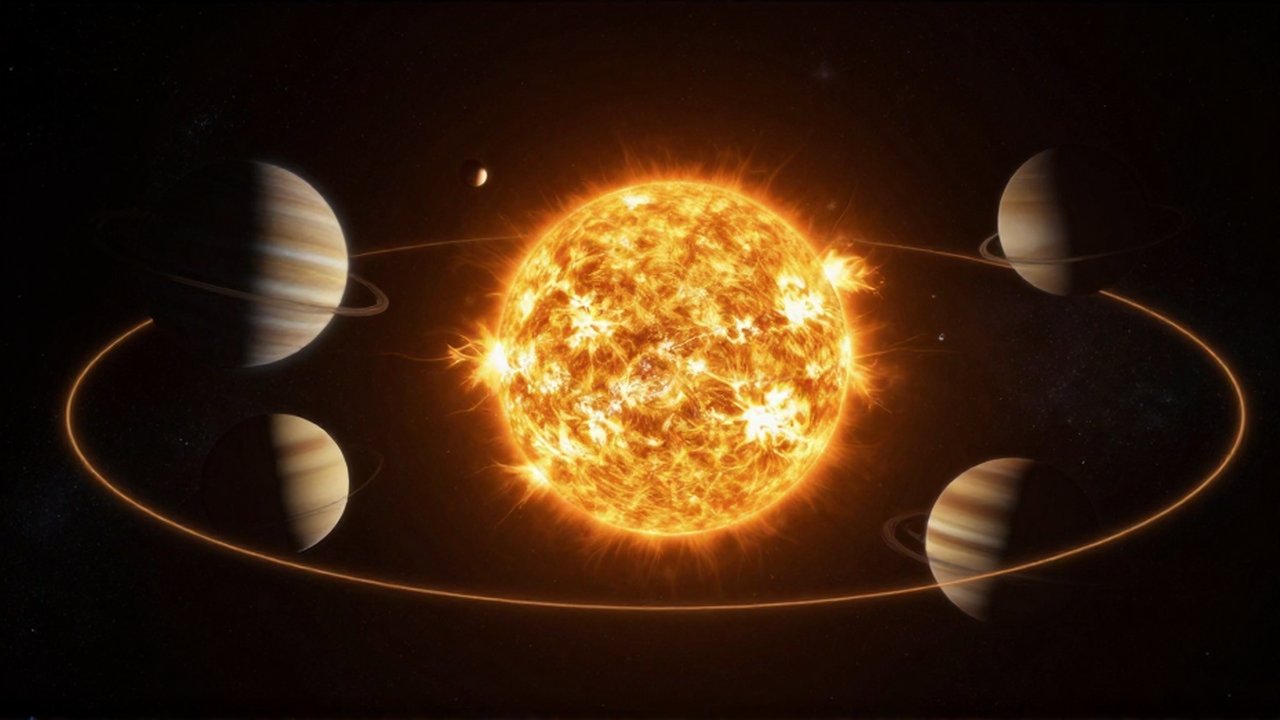 Sistema solar con un sol dorado brillante y varios planetas orbitando en el espacio profundo.