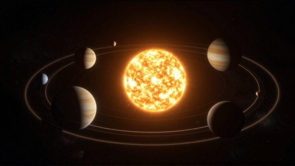 El sistema solar con los planetas orbitando alrededor de un sol brillante sobre un fondo cósmico.