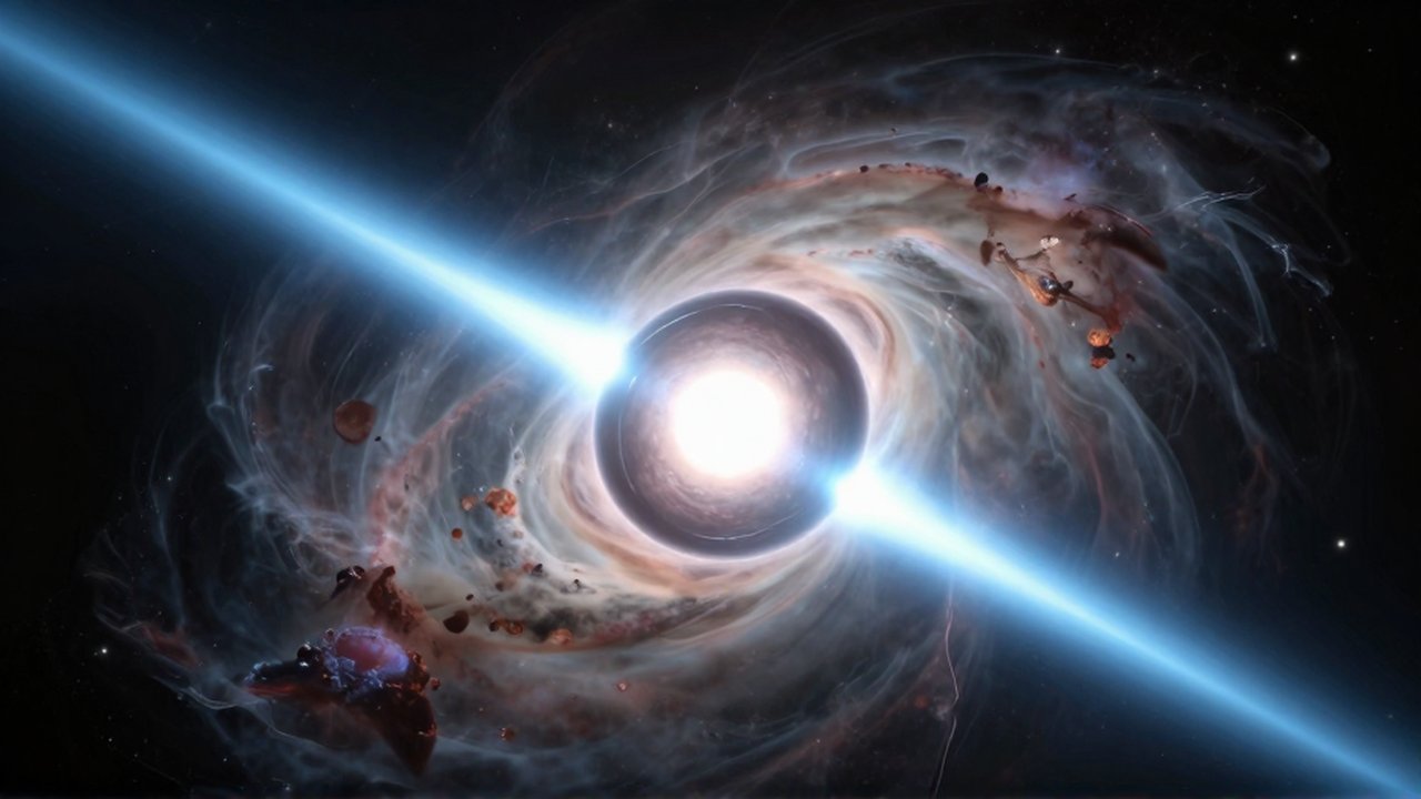 Púlsar giratorio emitiendo potentes haces de luz azul sobre un fondo de nebulosa espacial.
