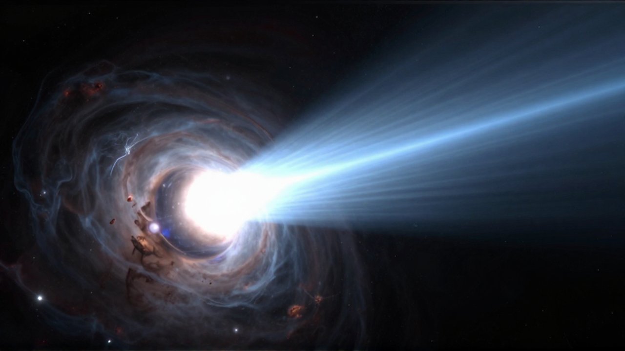 Púlsar en rotación con intensos haces de luz azul y blanca emergiendo de una nebulosa oscura.