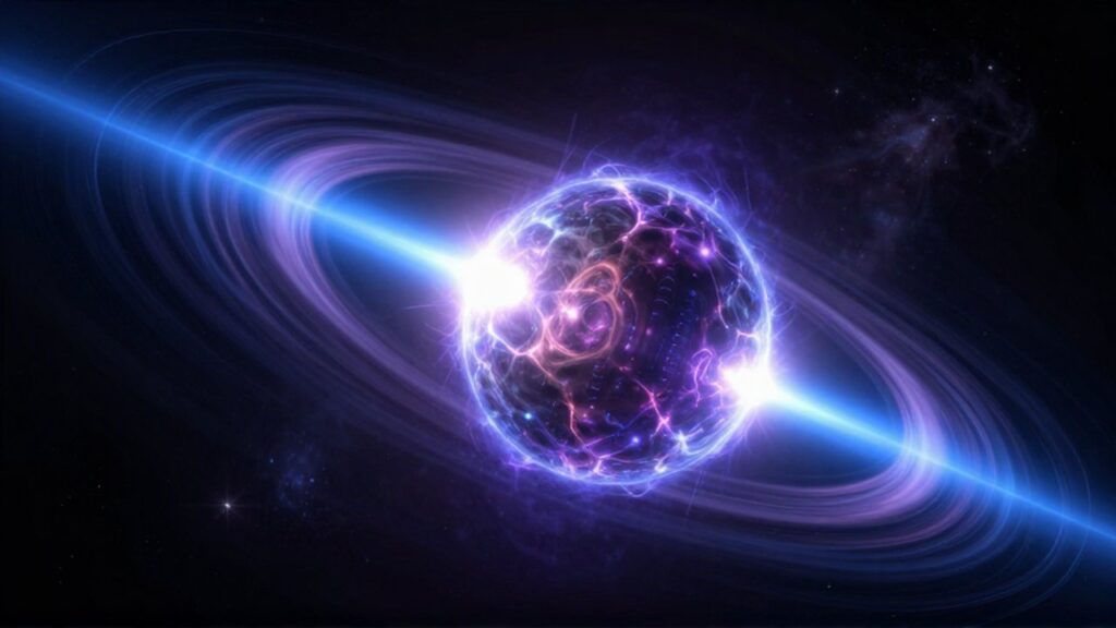 Púlsar de estrella de neutrones emitiendo potentes haces de luz azul y violeta en el espacio profundo.