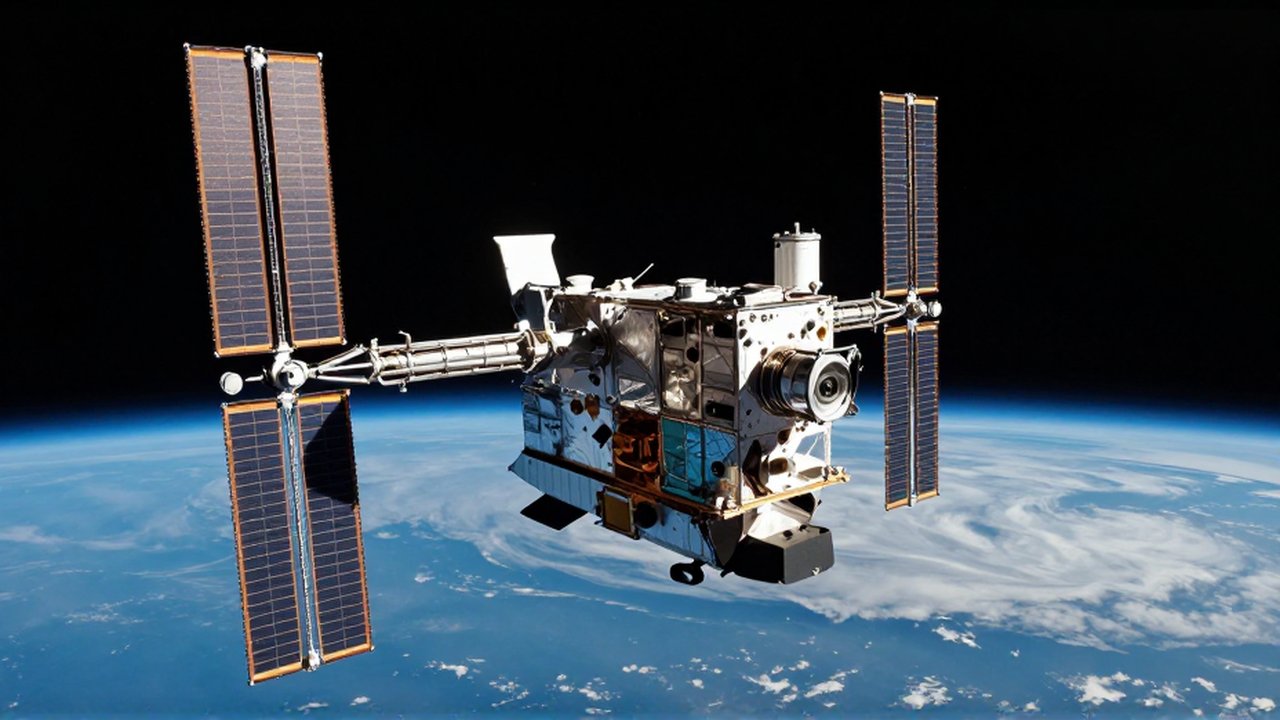 Satélite de comunicaciones con paneles solares brillantes orbitando sobre el horizonte de la Tierra.